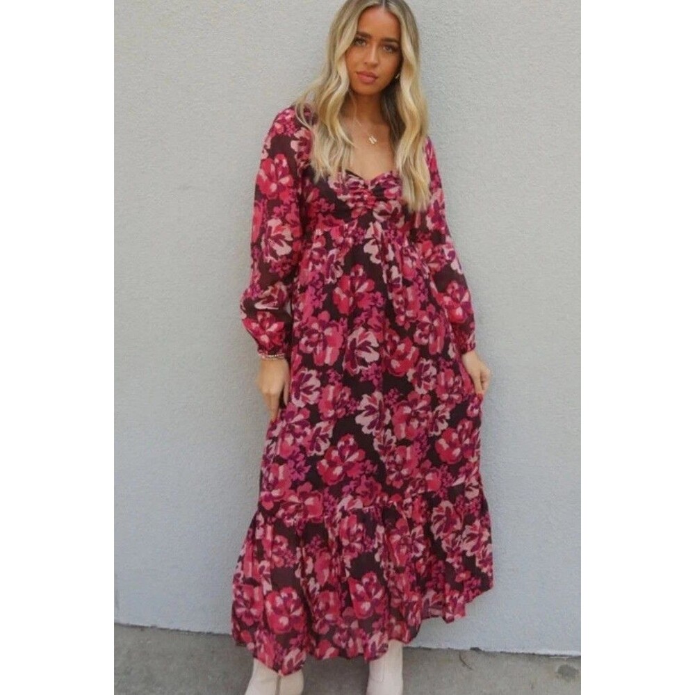 MinkPink Between You And I Midi Floral Buttoned Slit V-Neck Dress Small GUC
